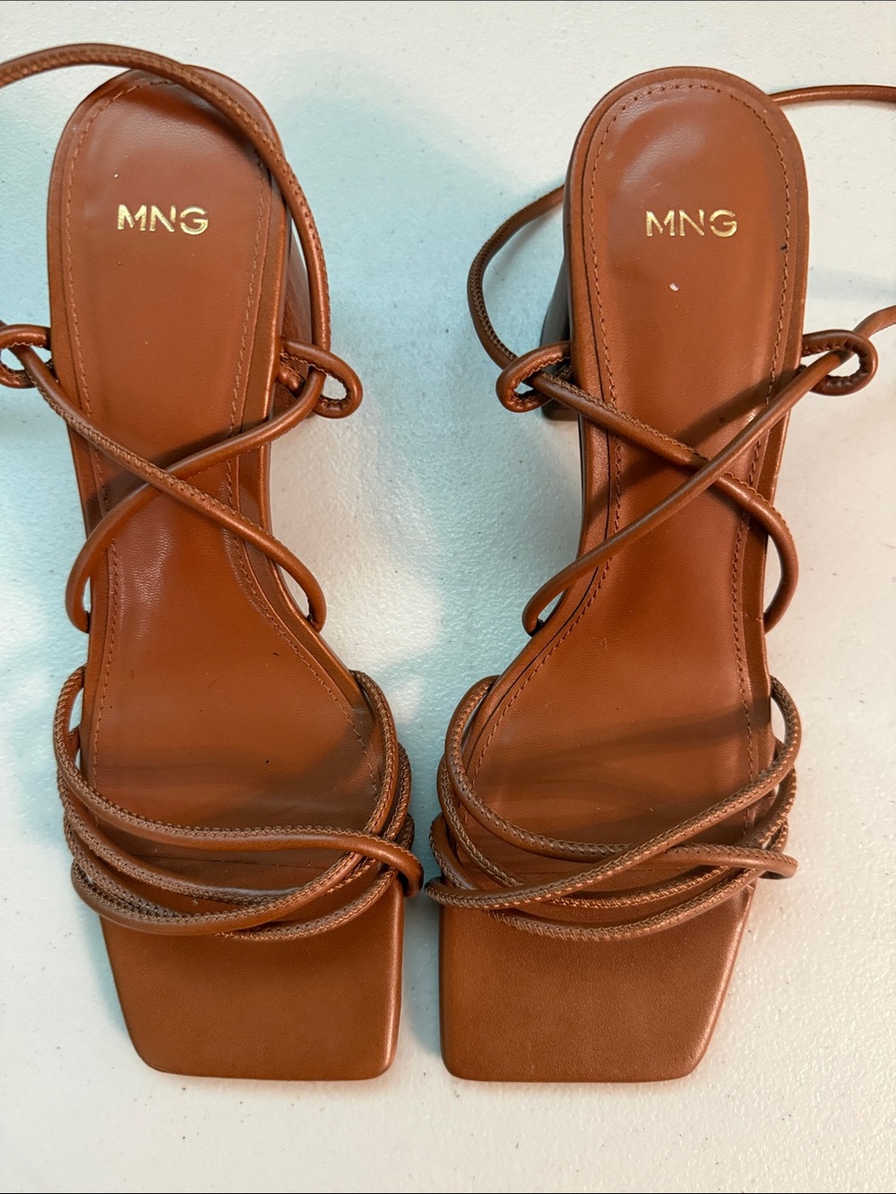 Mango Strappy Square-Toe Heels in Cognac Brown Size 7.5 - 8